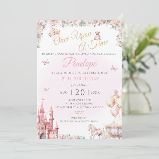 Roze Prinses Verjaardagsfeest Nodig Sprookje uit Kaart (Staand voorkant)