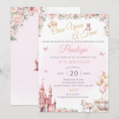 Roze Prinses Verjaardagsfeest Nodig Sprookje uit Kaart (Voorkant / Achterkant)