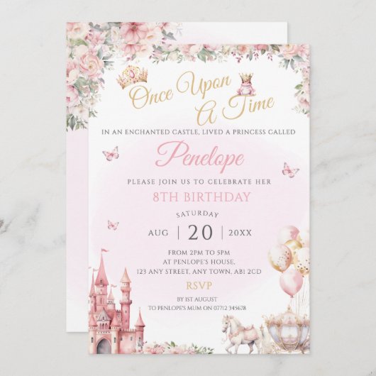 Roze Prinses Verjaardagsfeest Nodig Sprookje uit Kaart (Voorkant / Achterkant)