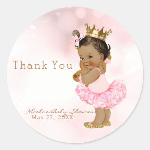Roze Prinses Vintage Bruin Baby Meisje Shower Favo Ronde Sticker