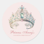 Roze Prinses Waterverf Tiara Verjaardag Ronde Sticker (Voorkant)