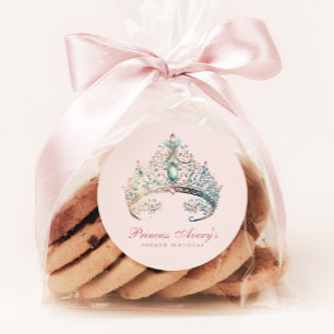 Roze Prinses Waterverf Tiara Verjaardag Ronde Sticker