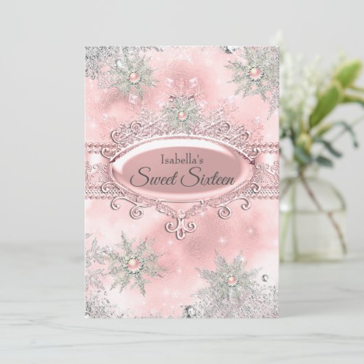 Roze Prinses Winter Wonderland Sweet 16 Kaart (Staand voorkant)