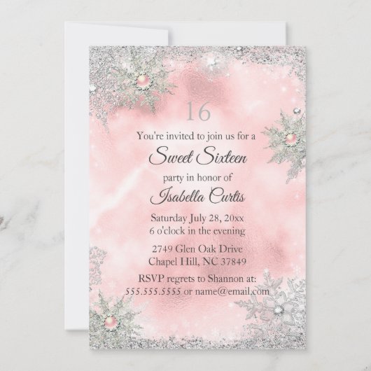 Roze Prinses Winter Wonderland Sweet 16 Kaart (Achterkant)