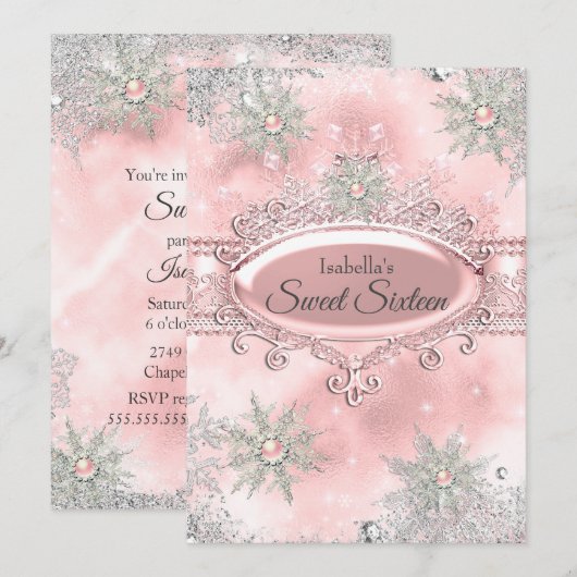 Roze Prinses Winter Wonderland Sweet 16 Kaart (Voorkant / Achterkant)
