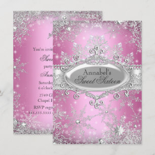Roze Prinses Winter Wonderland Sweet 16 Uitnodigin Kaart