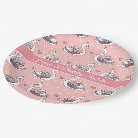  Roze Prinses Zwanen Baby Meisje 1e Verjaardag Papieren Bordje (Gekanteld)