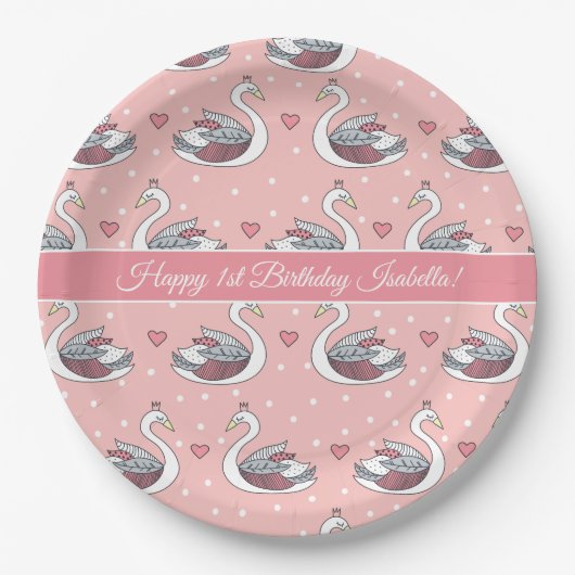  Roze Prinses Zwanen Baby Meisje 1e Verjaardag Papieren Bordje (Voorkant)