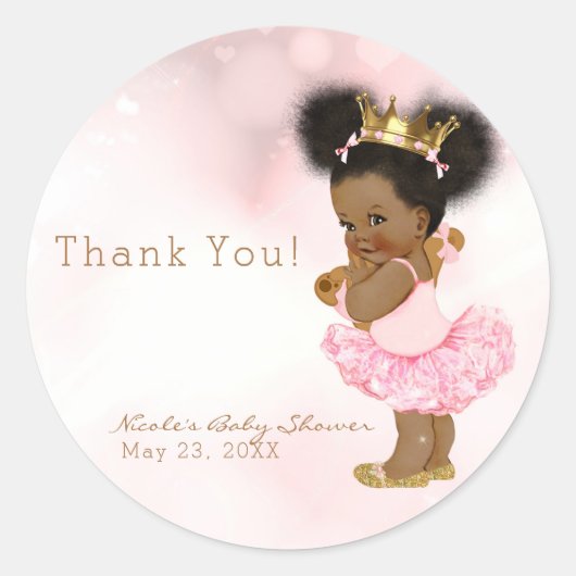 Roze Prinses Zwart Baby Meisje Douche Favor Ronde Sticker (Voorkant)