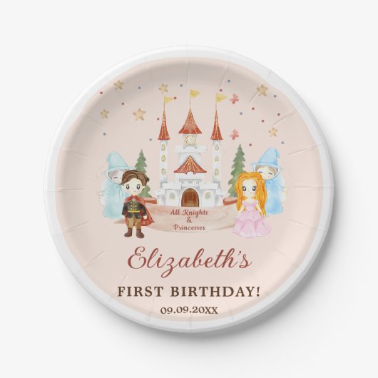 Roze Prinsessen en Ridders Meisje Verjaardagsfeest Papieren Bordje (Voorkant)