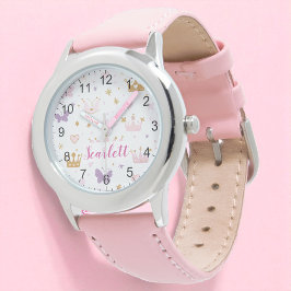 Roze Prinsessen Kroon Horloge met Naam