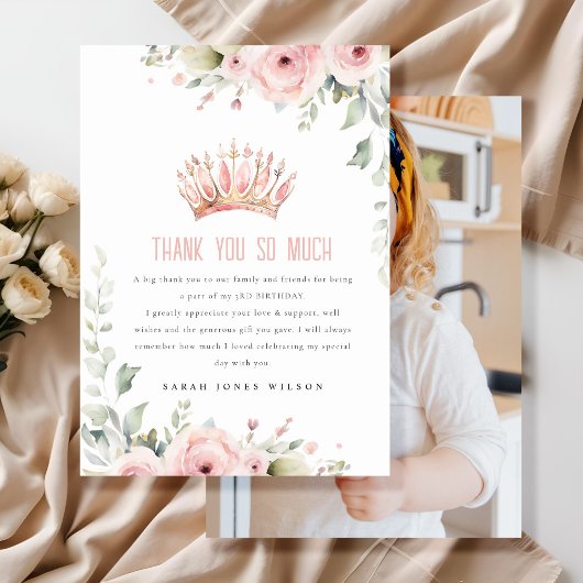 Roze Prinsessen Kroon Tiara Bloem Foto Verjaardag Bedankkaart