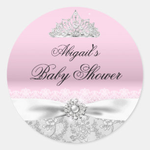 Roze prinsessen tiara & strik baby shower sticker