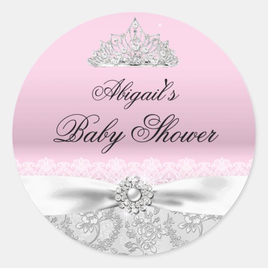 Roze prinsessen tiara & strik baby shower sticker (Voorkant)