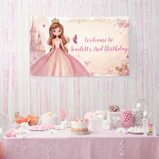 Roze Prinsessen Verjaardagsbanner met Naam Spandoek (Feest)