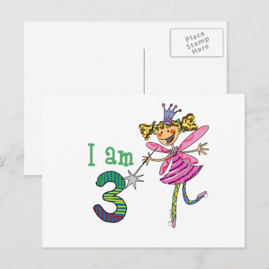 Roze prinsessenfee (leeftijd 3) briefkaart (Voorkant / Achterkant)