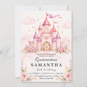 Roze Prinsessenkasteel Quinceañera Uitnodiging