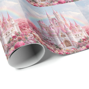 Roze Prinsessenkasteel Regenboog Wolken Cadeaupapier