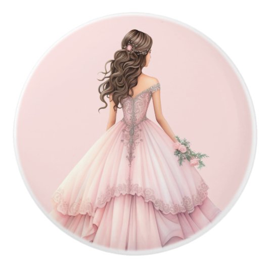 Roze prinsessenmeisje keramische knop (Voorkant)