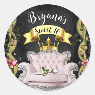 Roze Prinsessenstoel Rozen & Vlinders Sweet 16 Ronde Sticker