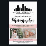 Roze Professionele Fotograaf Uw Logo Flyer<br><div class="desc">Marketing flyer voor een professionele fotograaf gepersonaliseerd met uw foto's, logo, contactgegevens, aangepaste tekst en profielfoto in een charmant roze, zwart en wit ontwerp. Vrouwelijke en chique professionele fotografie flyer in een strak design met een roze accentkleur en een charmant script gepersonaliseerd met uw logo en foto's om uw talent...</div>