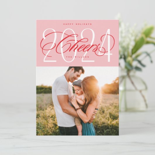 Roze Proost 2024 Kerstvakantie fotokaart Feestdagenkaart (Staand voorkant)