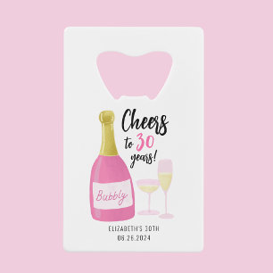 Roze proost op 30 jaar bubbel 30e verjaardagsfeest creditkaart flessenopener