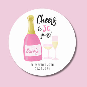Roze proost op 30 jaar bubbel 30e verjaardagsfeest ronde sticker