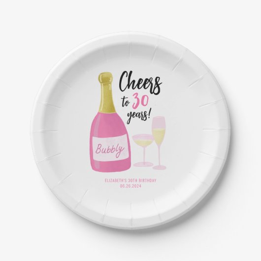 Roze Proost op 30 jaar bubbelig 30e verjaardagsfee Papieren Bordje (Voorkant)
