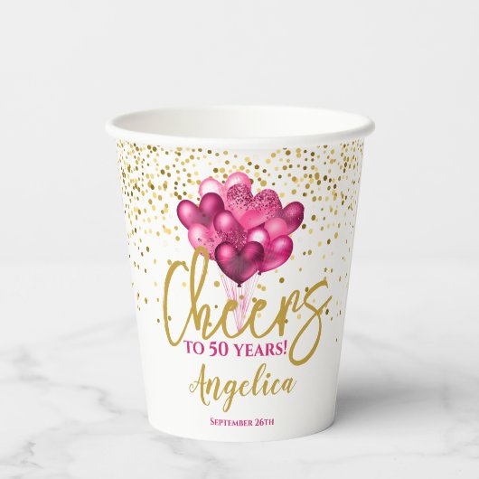 Roze proost op 50 jaar 50ste verjaardag papieren bekers (Achterkant)
