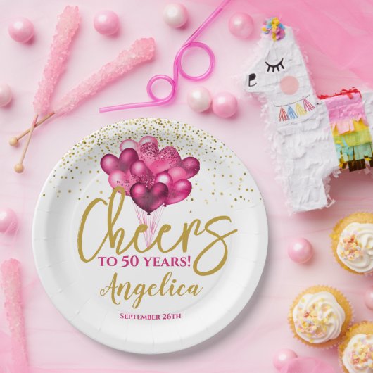 Roze proost op 50 jaar 50ste verjaardag papieren bordje (Feest)