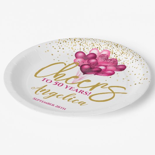 Roze proost op 50 jaar 50ste verjaardag papieren bordje (Gekanteld)
