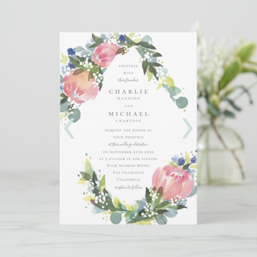 Roze Protea Bloemen Bruiloft Uitnodigen Kaart (Staand voorkant)