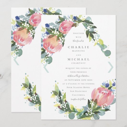 Roze Protea Bloemen Bruiloft Uitnodigen Kaart (Voorkant / Achterkant)