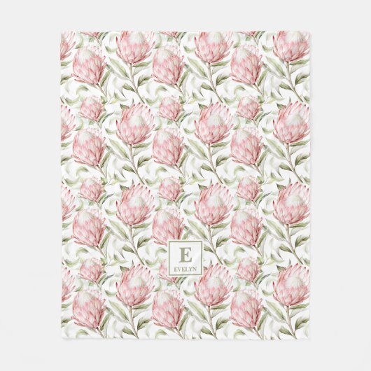 roze Protea Bloemen Monogram Fleece Deken (Voorkant)