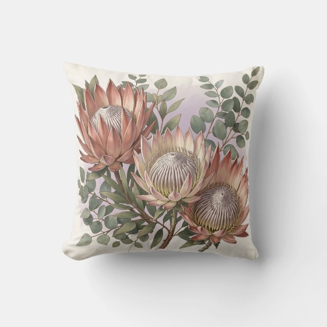 Roze Protea Eucalyptus Botanische Compositie  Kussen (Voorkant)
