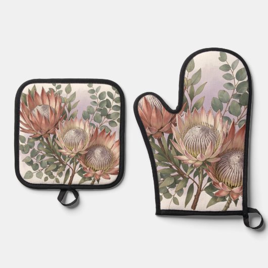 Roze Protea Eucalyptus Botanische Compositie Ovenwant & Pannenlap Set (Voorkant)
