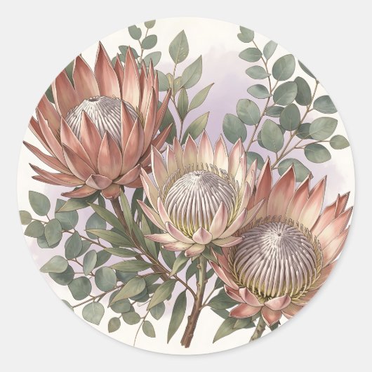 Roze Protea Eucalyptus Botanische Compositie Ronde Sticker (Voorkant)