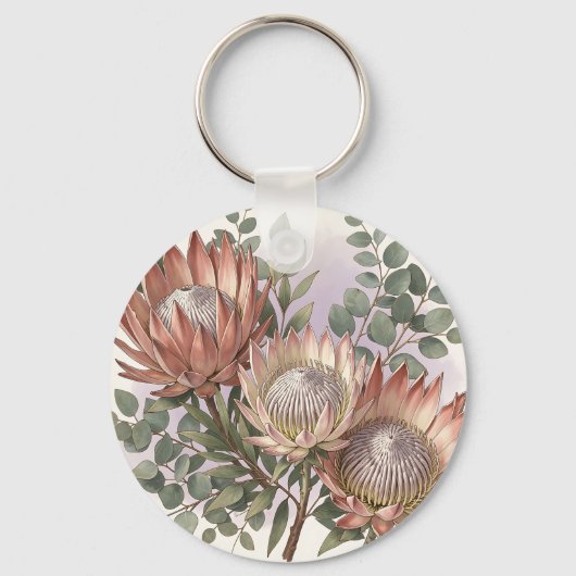 Roze Protea Eucalyptus Botanische Compositie Sleutelhanger (Voorkant)