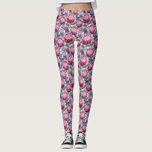 Roze Protea Green Leaf All-Over-Print Leggings (Voorkant)
