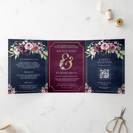 Roze Pruim Bloemen Ampersand Navy QR Code Bruiloft Drieluik Uitnodiging (Binnen)