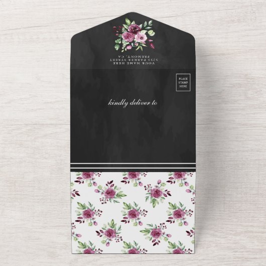 Roze Pruim Bloemen Ampersand QR Code Zwart Bruilof All In One Uitnodiging (Buitenkant)