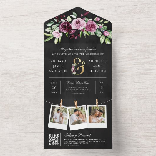 Roze Pruim Bloemen Ampersand QR Code Zwart Bruilof All In One Uitnodiging (Binnen)