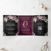Roze Pruim Bloemen Ampersand Zwart QR Code Bruilof Drieluik Uitnodiging (Binnen)