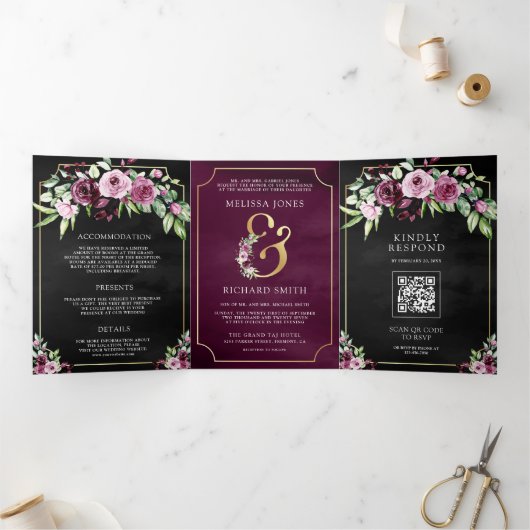 Roze Pruim Bloemen Ampersand Zwart QR Code Bruilof Drieluik Uitnodiging (Binnen)