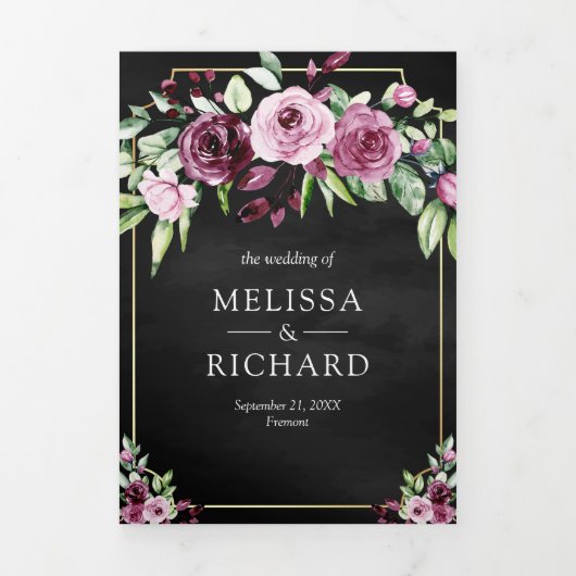 Roze Pruim Bloemen Ampersand Zwart QR Code Bruilof Drieluik Uitnodiging (Cover)