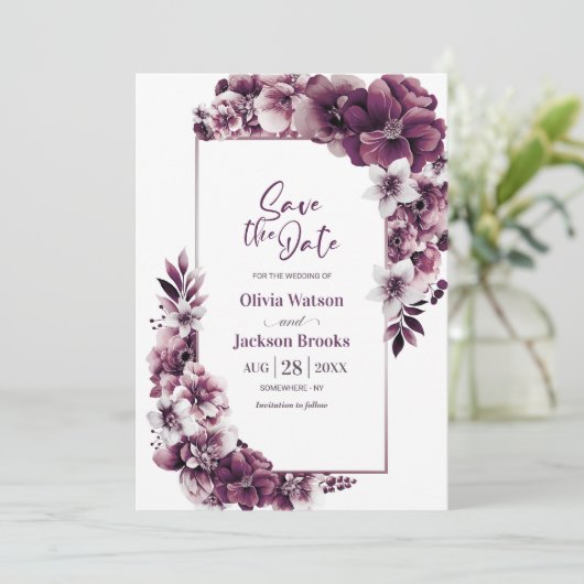 Roze Pruim Bloemen Bruiloft Save the Date (Staand voorkant)