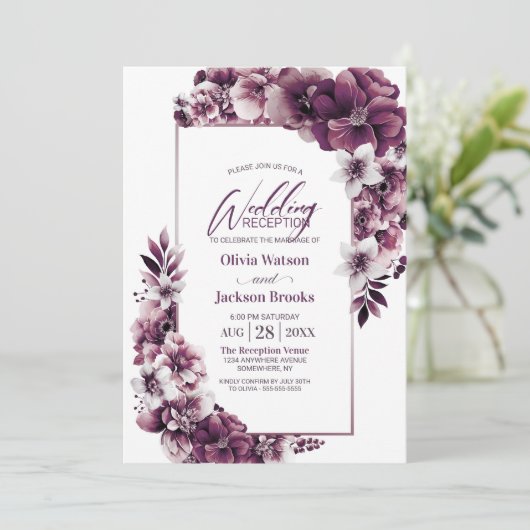 Roze Pruim Floral bruiloft receptie Kaart (Staand voorkant)