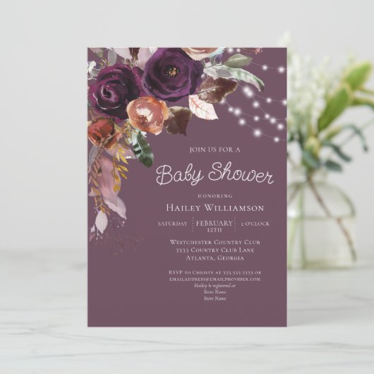 Roze Pruim Paarse Bloemen String Licht Baby shower Kaart (Staand voorkant)