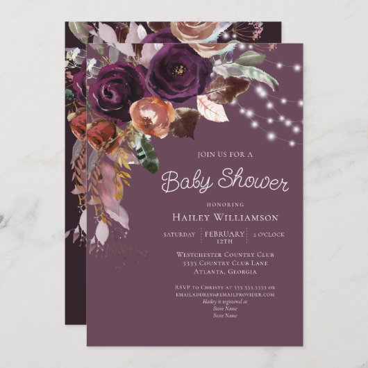 Roze Pruim Paarse Bloemen String Licht Baby shower Kaart (Voorkant / Achterkant)